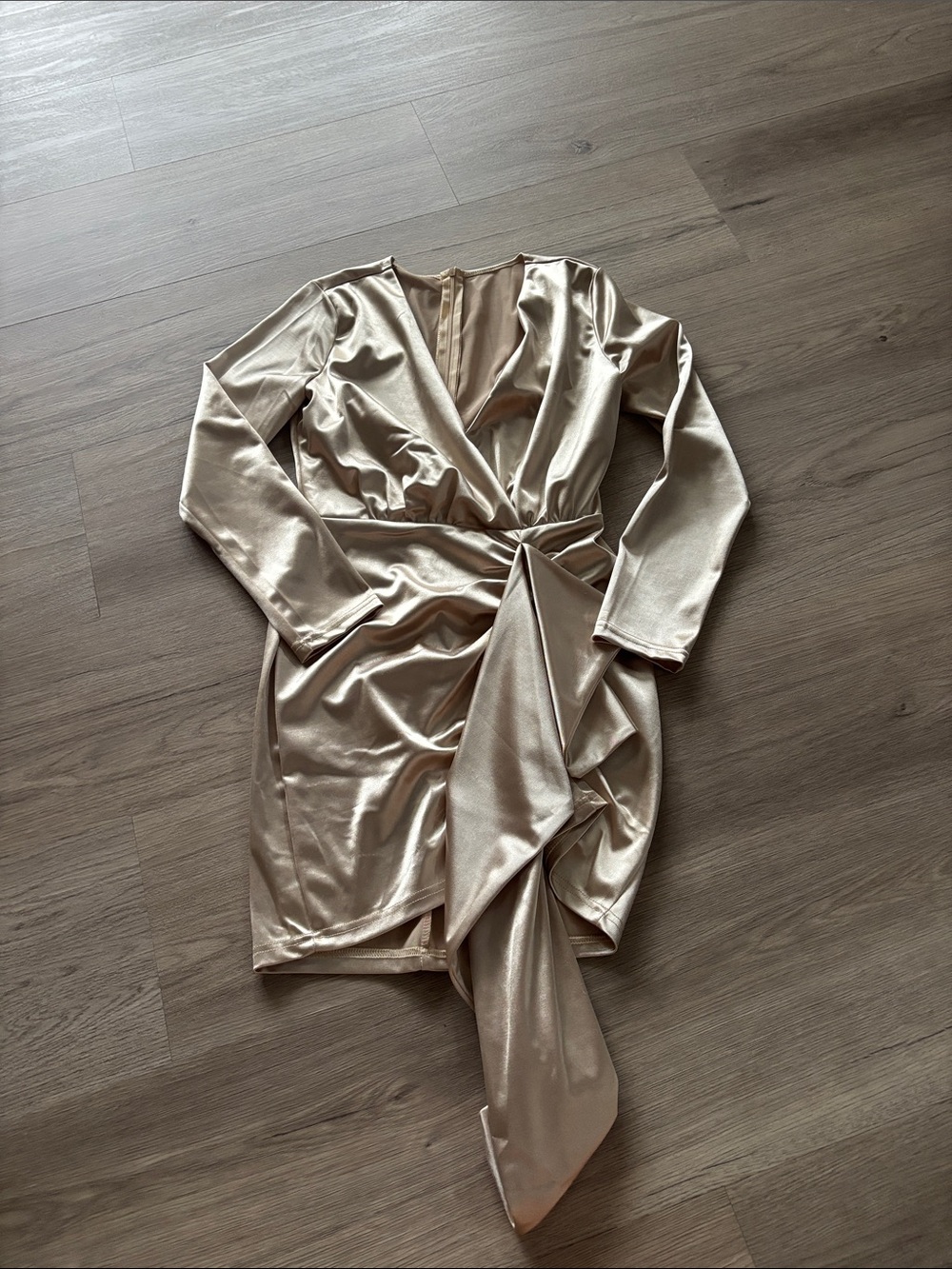 Elegant Metallic Cream Wrap Dress with Drape Detail